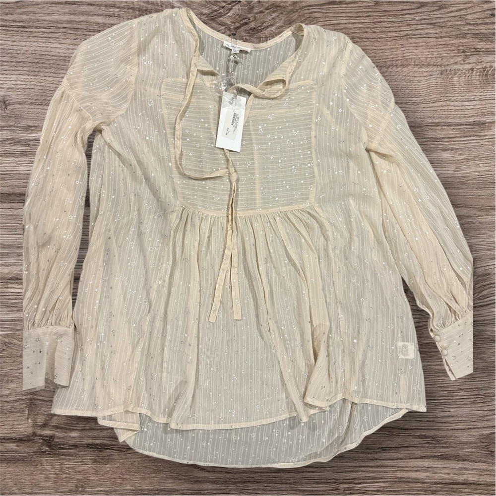 By the River Beige Star Patterned Sheer Blouse NWT Size Large